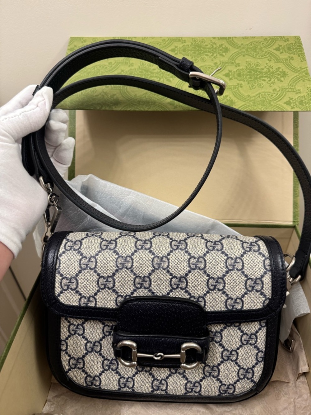 Gucci Beige/Navy GG Canvas Crossbody with Black Leather Trim
